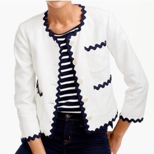 J Crew NWOT White Linen Lined Blazer Career Jacket Navy Rickrack Trim SZ 6